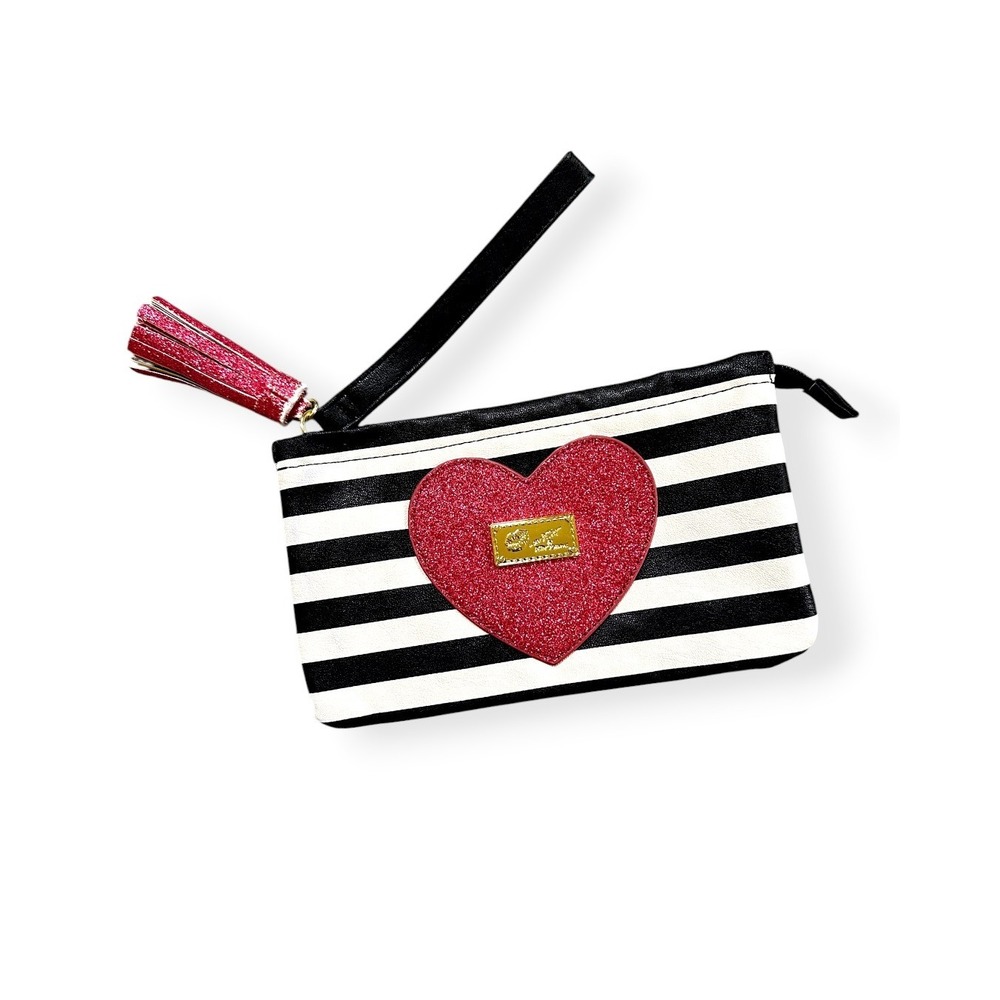 Luv Betsey Wristlet OS Black White Striped Pink Glitter Heart Tassel Pouch